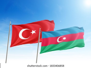 Azerbaijan And Turkey Flags Waving In The Dawn Sky