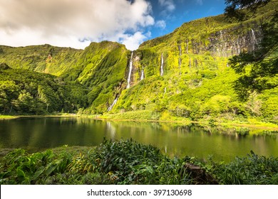 Azores landscape with waterfalls and cliffs in Flores island. Portugal.