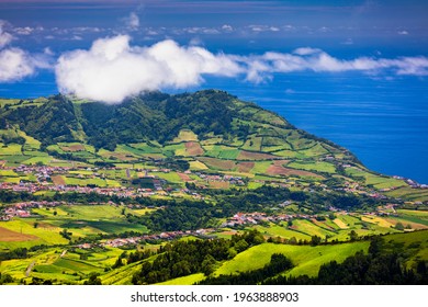 Azores panoramic view of natural landscape, wonderful scenic island of Portugal. Beautiful lagoons in volcanic craters and green fields. Tourist attraction and travel destination. Azores, Portugal.