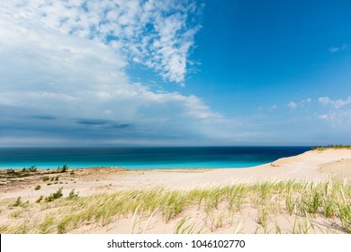 Azure blue skys and the waters of Lake Michigan are the background at Sleeping Bear Dunes National Lakeshore in Glen Haven Michigan - Shutterstock ID 1046102770