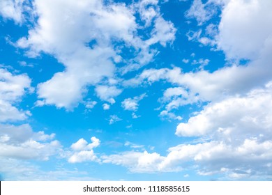 Azure Sky Or Sky Blue Beautiful White Clouds. It Is Everything Lies Above Surface Earth Atmosphere And Outer Space. Cloud Is Aerosol Comprising Visible Mass Of Liquid Droplets Frozen Crystals In Air