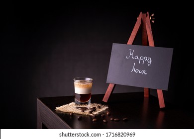 B-52 Layered Cocktail Shot On A Burlap Coaster Decorated With Fresh Roasted Coffee Beans Placed On A Bar Counter With Copy Space; B 52 Cocktail Happy Hour