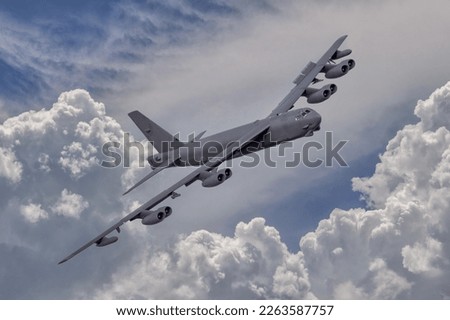 B52 long range Jet Bomber on a long range combat mission. Heavy eight engined Bomber aeroplane. United States Air Force. Boeing B-52