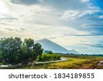 Ba Den mountain in cloud, Tay Ninh province, Vietnam. View from Dau Tieng lake. Travel and landscape.