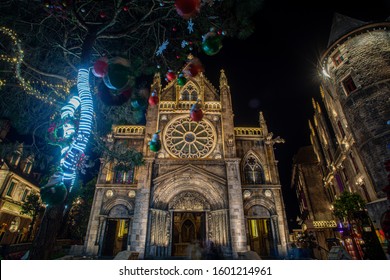 Ba Na Hills, Vietnam - December 25, 2019: Night View On Christmas Day Of Catholic Church At French Village On Ba Na Hills (Saint Denis Church, European Christian Church)