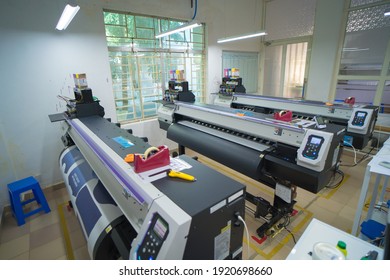 Ba Ria, VIETNAM - Feb 19, 2021 : Interior factory Large printing machine for paper business in printing room. Sublimation concept.
