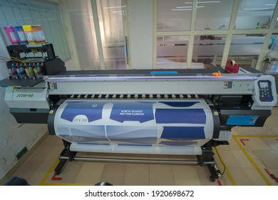 Ba Ria, VIETNAM - Feb 19, 2021 : Interior factory Large printing machine for paper business in printing room. Sublimation concept.