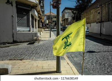 Baalbek, Lebanon - October 3 2017: Flag Of The Terrorist Organization And Political Party Hezbollah Is Waving On The Streets Of Baalbek In Eastern Lebanon.