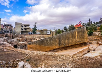 Baalbek Roman Monolith Stone Of The Pregnant Woman With Lebanese Flag