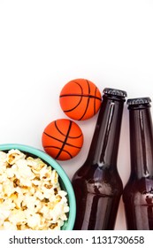 Baasketball Match Party. Beer Bottle With Basketball And Popcorn