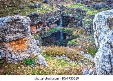 Baatara Gorge Waterfall. Lebanon Mountain Trail, Cave Of The Three Bridges