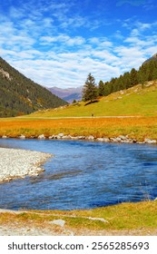Babbling stream of clean water flows into the Krimml Falls valley. The peaks of the Alps are covered with snow. The most beautiful natural areas of the Austrian Alps. 