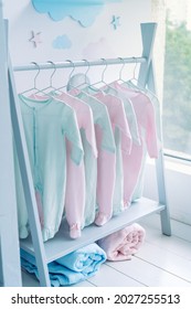 Babies Clothes On The Rack In The Kids Room. Selective Focus.