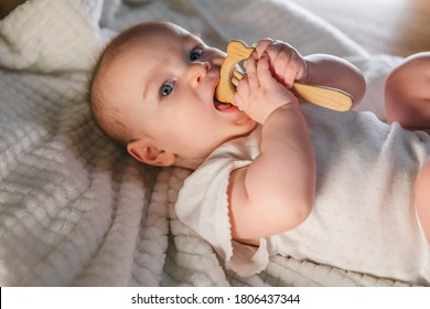 A Baby Of 5-6 Months Gnaws A Toy. Teething Of The First Milk Teeth, How To Help The Baby And Relieve Pain