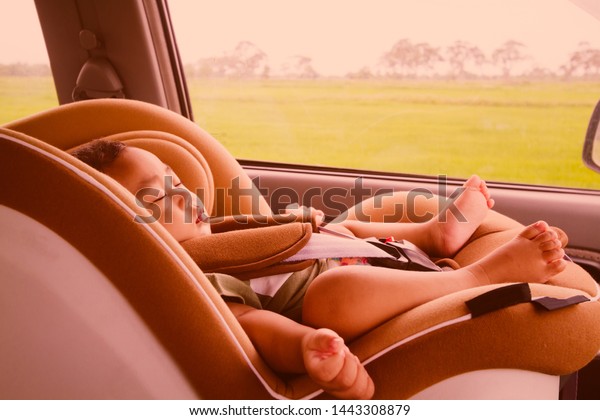 Baby 7 months old sleeping in\
comfortable car seat on rural road with rice field\
background.