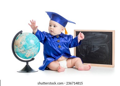 baby in academician clothes with globe at chalkboard isolated