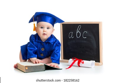 Baby in academician clothes  with pointer and chalkboard
