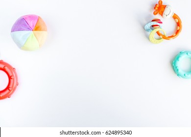 Baby Accessories And Toys On White Background Top View Mock Up