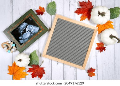 Baby Announcement Letterboard And Ultrasound Mockup. Thanksgiving Farmhouse Theme With Turkey, White Pumpkins And Autumn Fall Leaves, On A White Wood Background. Negative Copy Space.