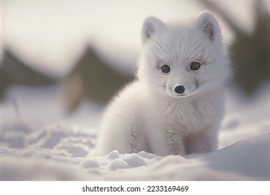 Baby Arctic fox (Vulpes lagopus) in snow habitat, winter landscape, Svalbard, Norway