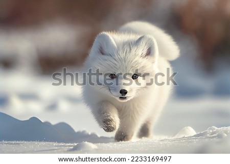Baby Arctic fox (Vulpes lagopus) in snow habitat, winter landscape, Svalbard, Norway