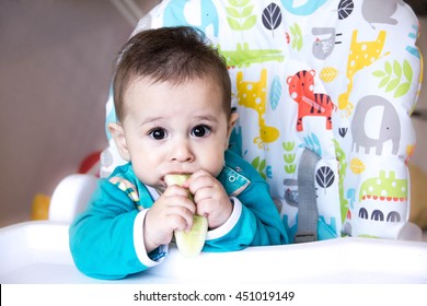 Baby Asian Eating Feeding Cucumber Vegetables. In A High Chair.  Teething. Concept Of  Food, Feeding. Newborn Home. Healthy. First Child Eat Nutritious Snacks. Asian, Black Eyes