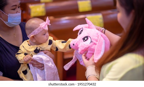 Baby Asian Girl Playing With Stuffed Animal Hat