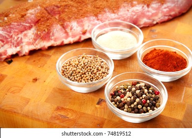 Baby Back Rib Presented With Common Spices Used For Rub Seasoning