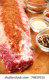 Baby Back Rib Presented With Common Spices Used For Rub Seasoning