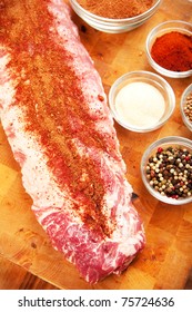 Baby Back Rib Presented With Common Spices Used For Rub Seasoning