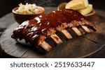 Baby Back Ribs: A rack of succulent baby back ribs glazed with a sweet and tangy barbecue sauce, served with a side of baked beans and coleslaw for a classic barbecue feast.