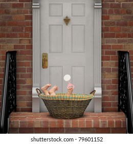 Baby In A Basket On A Doorstep