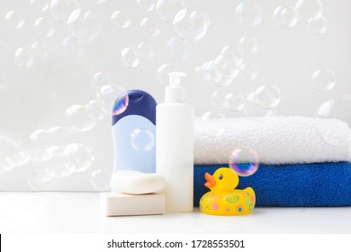 Baby Bath Products, Baby Care, Yellow Rubber Duck For Bath Games. Soap Bubbles, Bath Foam, Soap Bubbles.