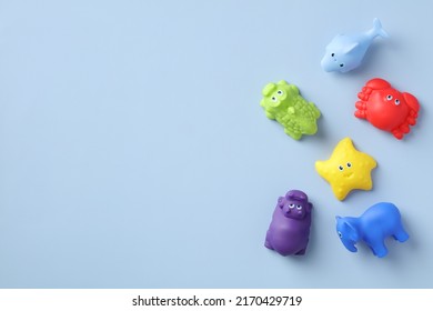 Baby Bath Toys On Blue Background. Flat Lay, Top View.