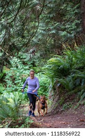 Baby Boomer Adult Woman With Blond Curly Hair, Glasses, And Purple Shirt Running On A Trail In The Woods With Her Energetic Dog On Harness And Leash
