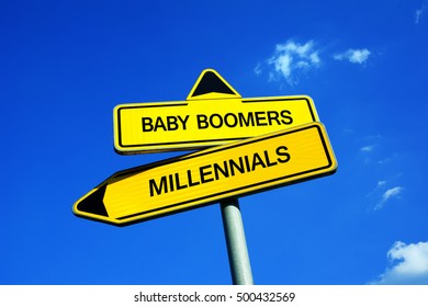 Baby Boomers Vs Millennials - Traffic Sign With Two Options - Different Directions As Metaphor Of Generation Gap, Conflicts And Clash Between Young And Older Group Of Society