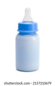 Baby Bottle Full Of Milk Cut Out On White.