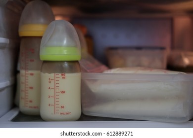 Baby Bottle With Milk And Defrost Breastmilk In Storage Bags Prepare For Baby In Refrigerator