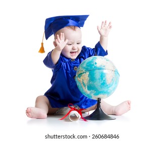 baby boy in academician clothes with globe isolated