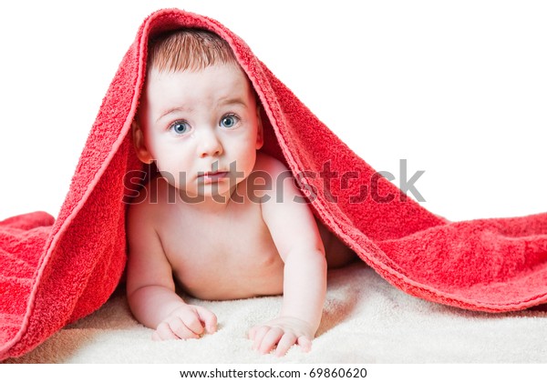 Baby Boy After Bath Wrapped Red Stock Photo Edit Now 69860620