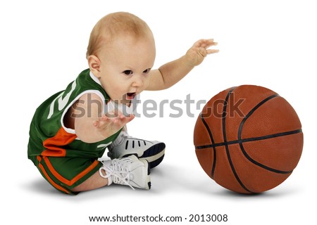 Baby boy with basketball. Full body over white. Clipping path.