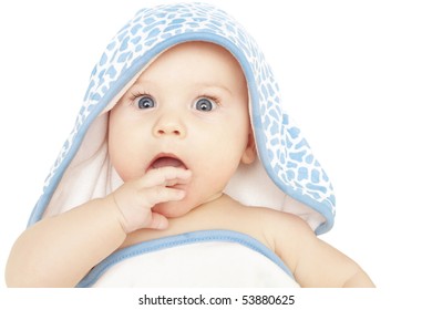 Baby Boy In Bath Hoodie Towel On White Background: Surprised, Shocked Or Curious