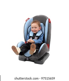 Baby Boy In Car Seat. Isolated With Clipping Path.