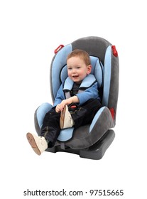 Baby Boy In Car Seat. Isolated With Clipping Path.