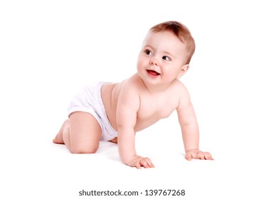 Baby Boy Crawling On White Background