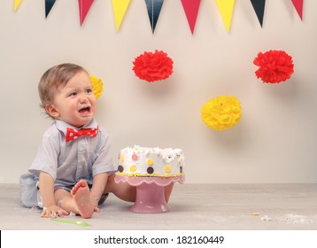 Baby Boy Crying While Eating His Birthday Party Cake. Smash The Cake Party