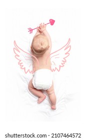 Baby boy cupid with pink doodle wings.