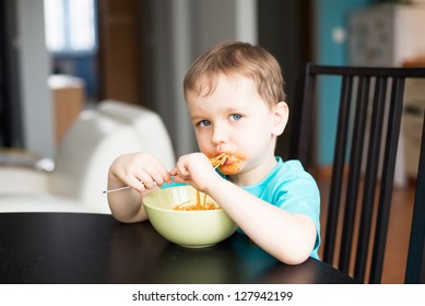 Baby Boy Eating Bolognese Spaghetti For A Diner