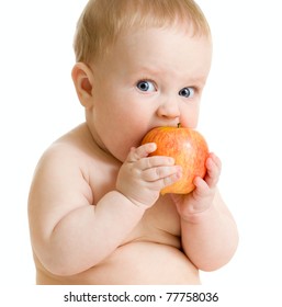 Baby Boy Eating Healthy Food Isolated