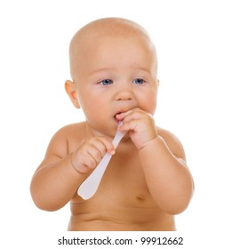 Baby Boy Holding A Spoon On A White Background